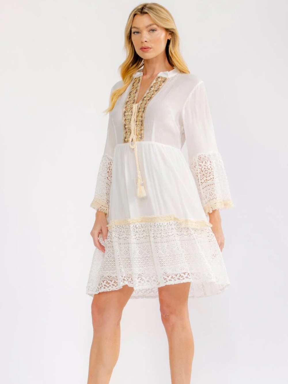 SD3-Boho White Lace Tassel Mini Dress with Cream Trim